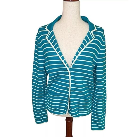 Talbots Cardigan Knit Sweater Jacket Blazer Sz Large Aqua Classic Preppy Office - Picture 2 of 15